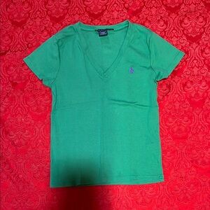 Ralph Lauren Sport V Neck T Shirt Women L Green Purple Pony Logo Cotton